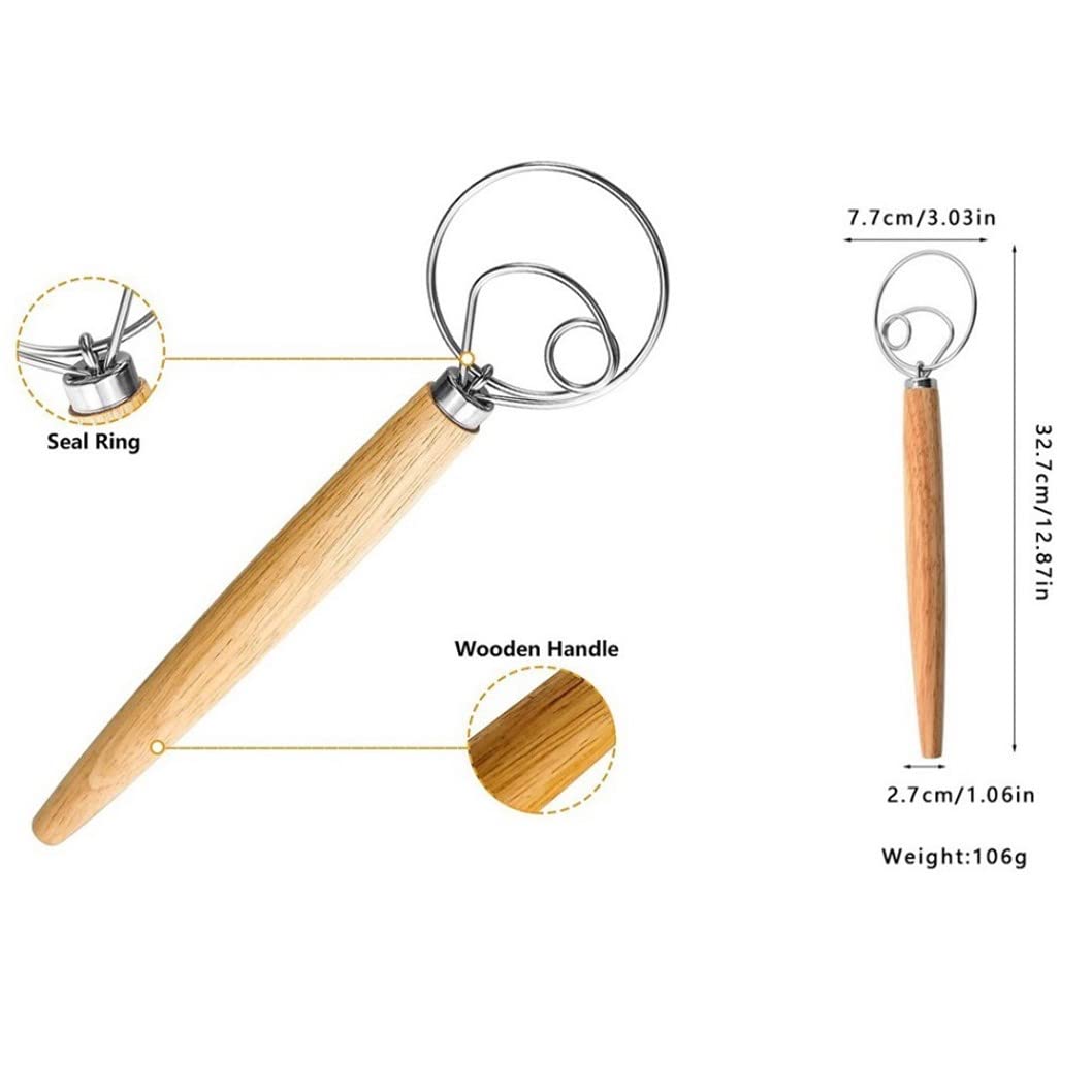 Danish Dough Whisk 13'' Stainless Steel Bread Whisk Bread Making Tools Danish Dough Hook Bread Dough Mixer Hand Bread Dough Whis