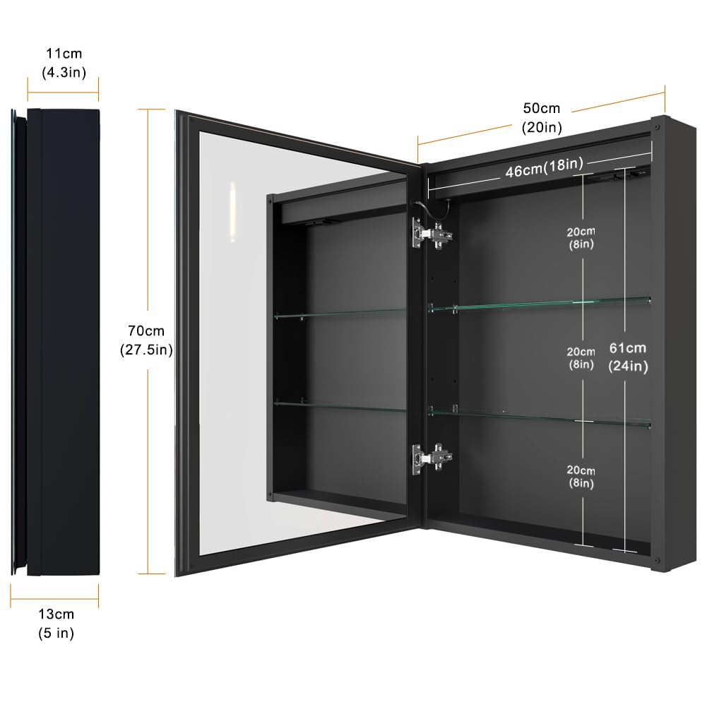 Kww 20 X 28 Inch Led Lighted Bathroom Medicine Cabinet With Sockets & Usbs, Defogger, Dimmable, 3 Color Light Makeup Mirror, Eas