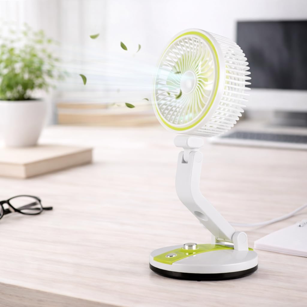 Gesto Rechargeable Foldable Desk Fan With Led Night Light, 2400Mah Battery, 3 Speed Portable Table Fan For Home, Office, Study T