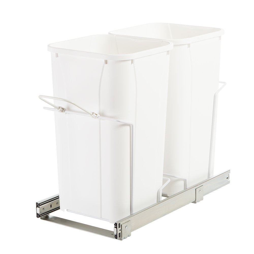 Knape & Vogt SBM12-2-27WH in-Cabinet Bottom Mount Pull Out Trash Can, 18.75 by 11 by 22, 27 Quart Bins, White