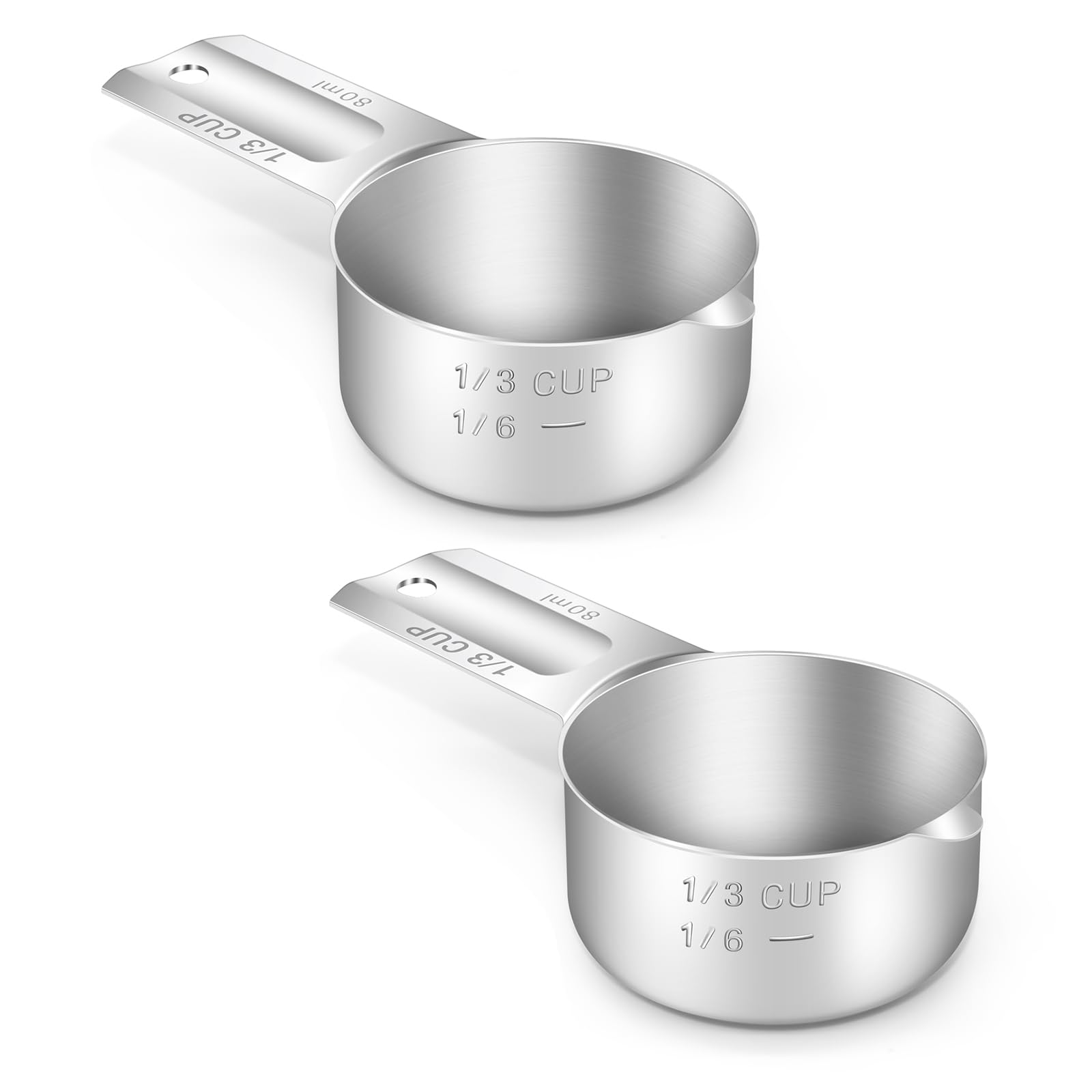 BERYLER 2PCS 1/3Cup (80ml, 2.7oz) Single Measuring Cup, Stainless Steel Measure Scoop, Metric and US Measurement, Dishwasher Saf