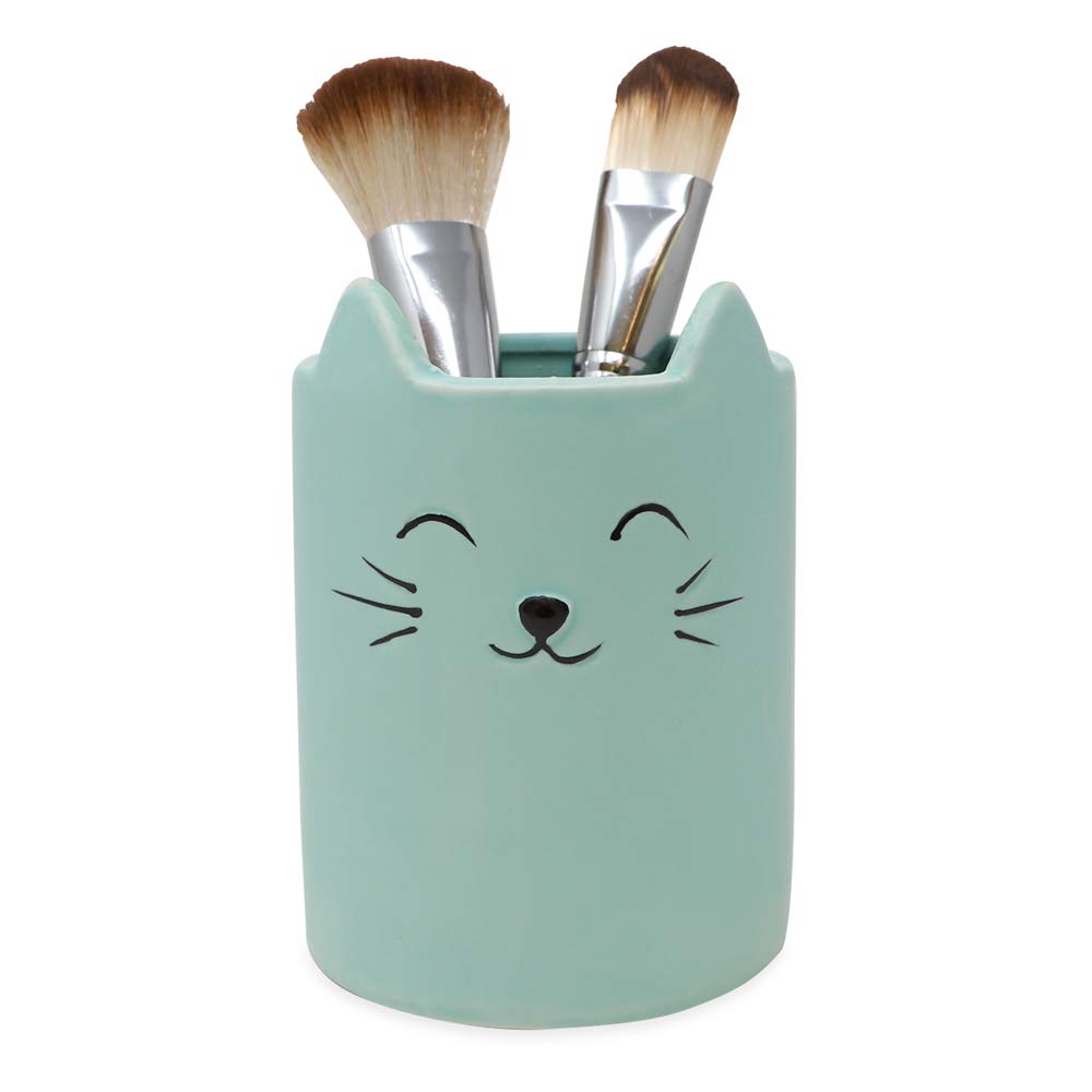 Isaac Jacobs Blue Ceramic Cat Makeup Brush Holder, Multi-Purpose Cup Organizer. Bathroom, Kitchen, Bedroom, Office D  Cor (Singl