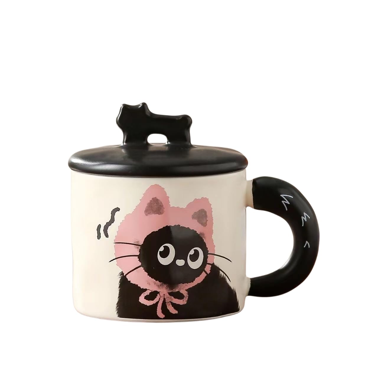 BONTOUJOUR Super Cute Black Cat Coffee Mug, Creative Funny Novelty Lovely Kawai Wearing Scarf Happy Tea Cup+ Kitty lid, Lover Co