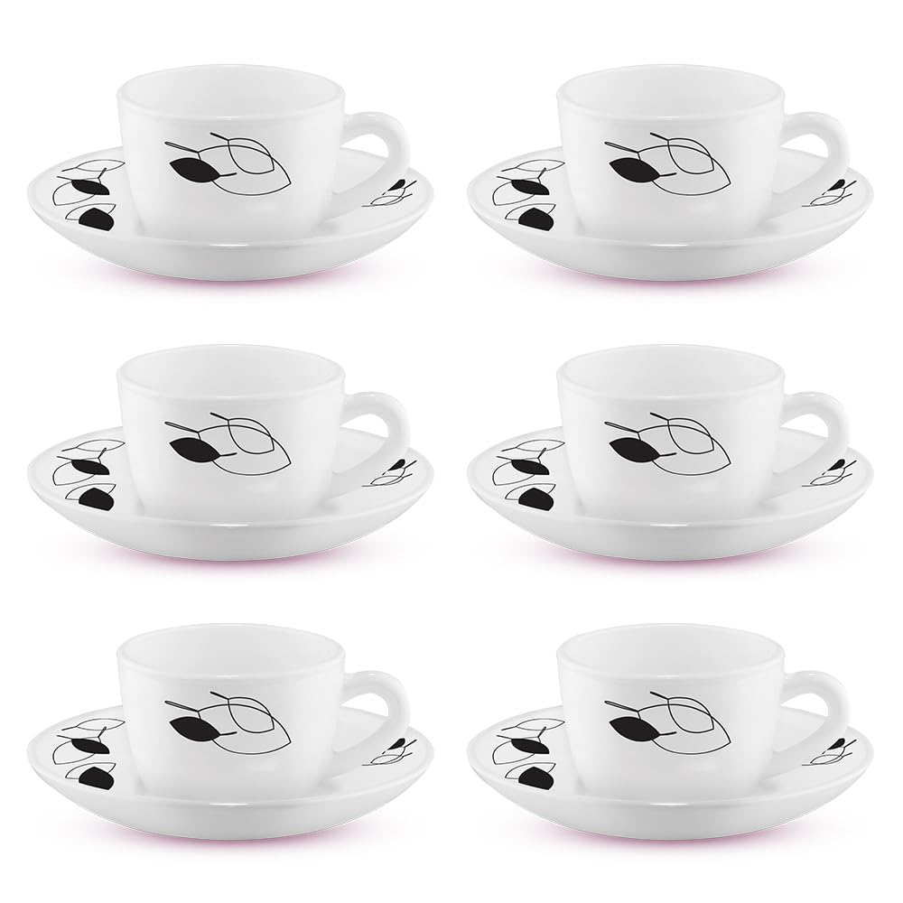 Larah By Borosil Shadow Opalware Cup And Saucer Set Of 12 Pcs | Tea/Coffee Cups 140 Ml | Microwave & Dishwasher Safe | BoneAsh 