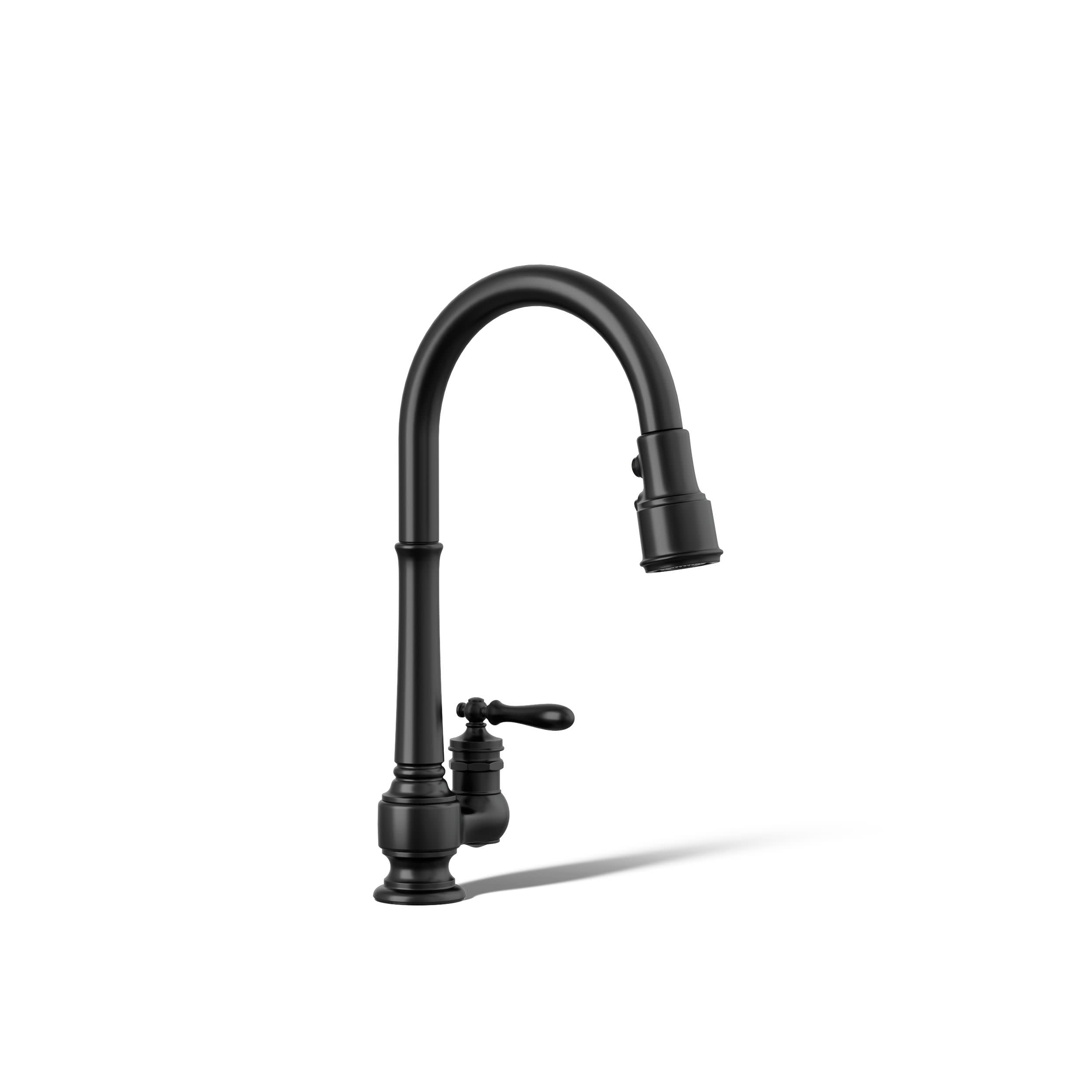 KOHLER 99260-BL Artifacts Single-Hole Kitchen Sink Faucet with 17-5/8 In. Pull-Down Spout and 3-Function Sprayhead, Matte Black