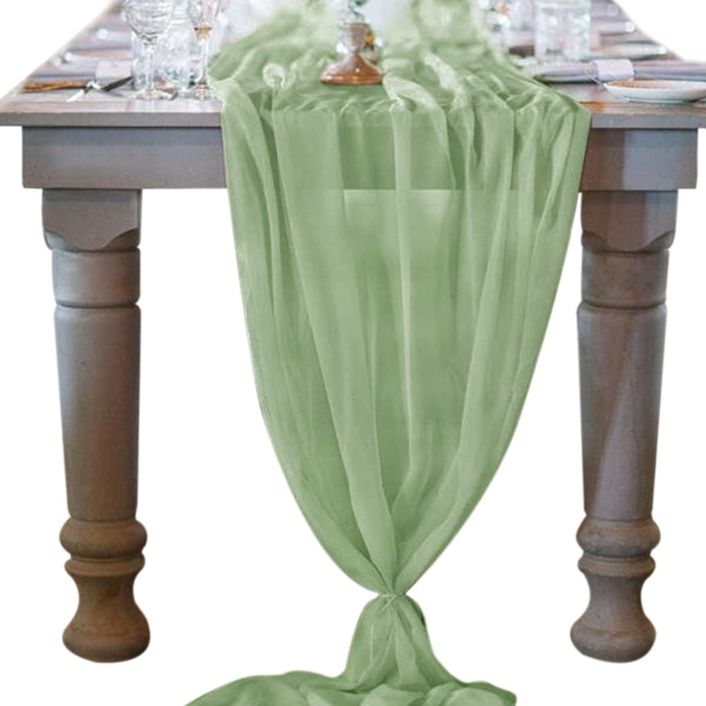 Socomi 10Ft Sage Green Chiffon Table Runner 29X120 Inches Wedding Runner Sheer Thanksgiving Christmas Bridal Shower Decorations