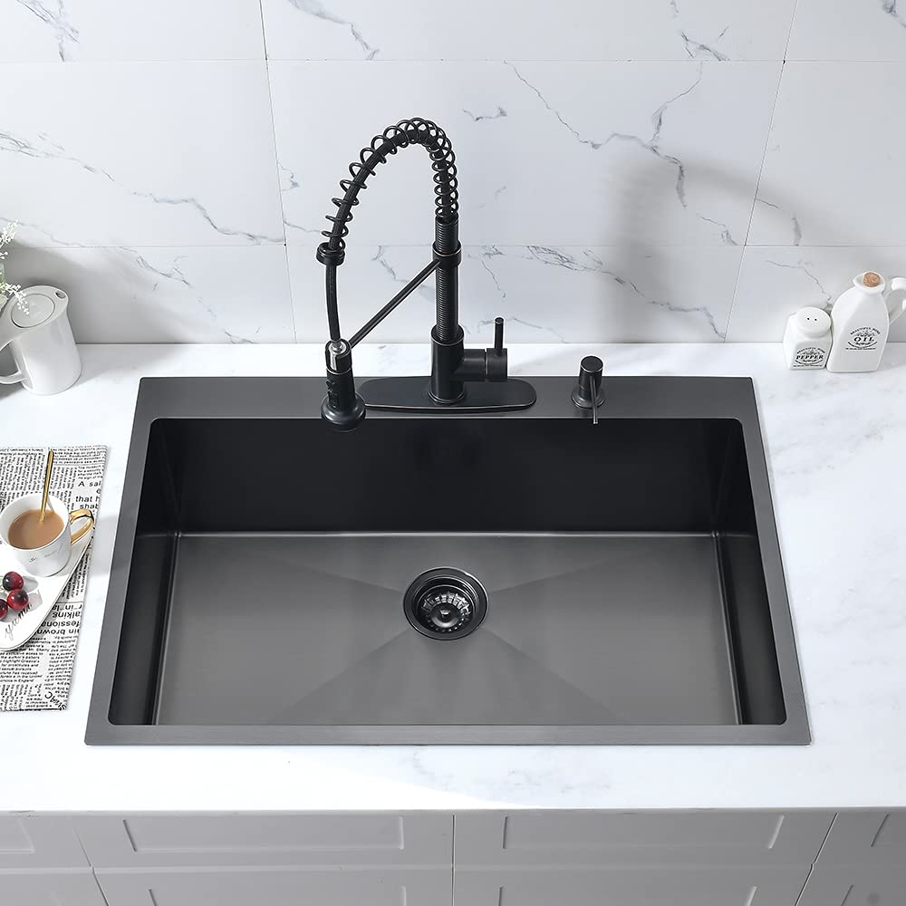 33 Inch Black Kitchen Sink Drop In-Bokaiya 33X22 Black Stainless Steel Drop In Kitchen Sink Topmount 16 Gauge Deep Matte Black S