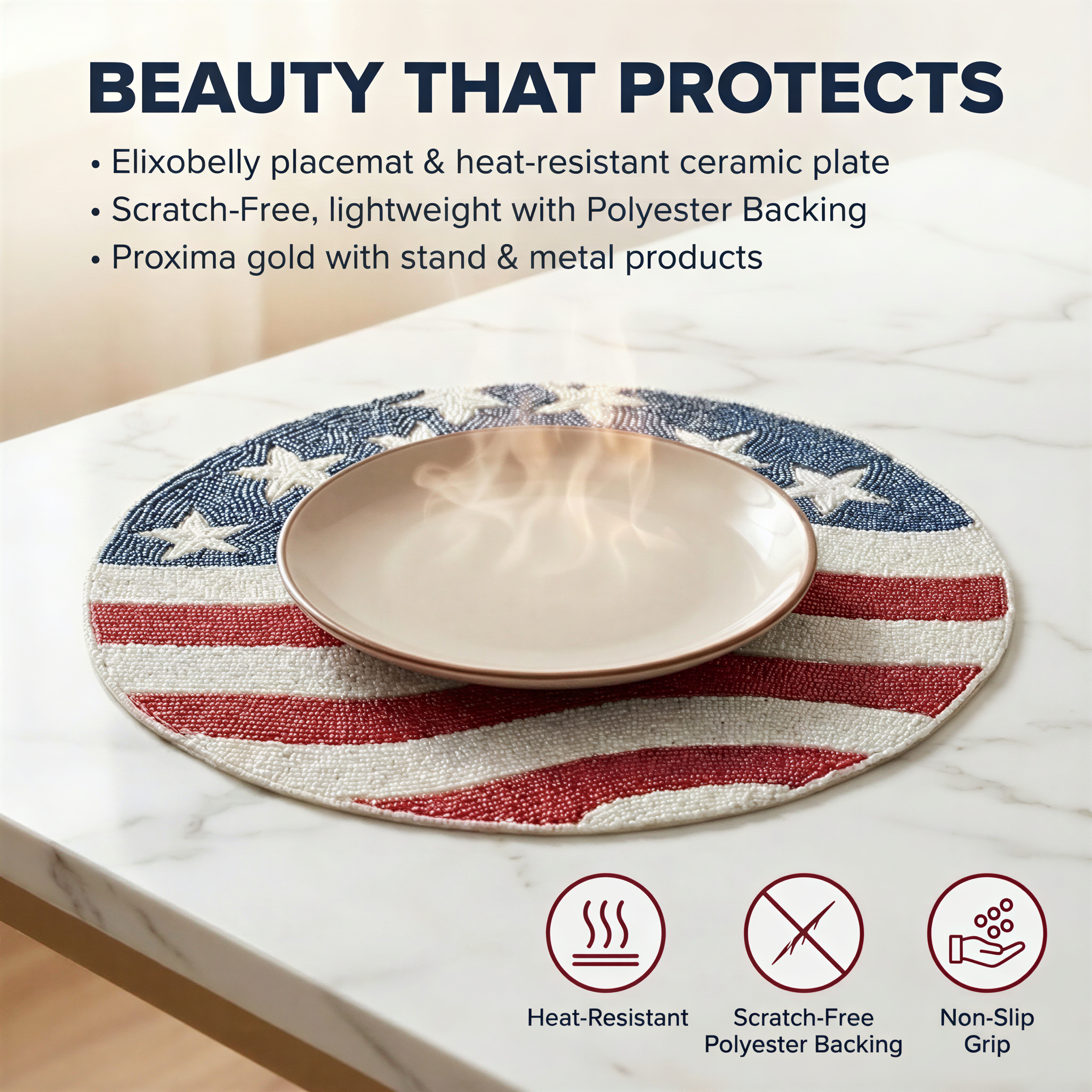 USA Flag Placemats - Round Beaded Handmade Table Mats With Satin Backing