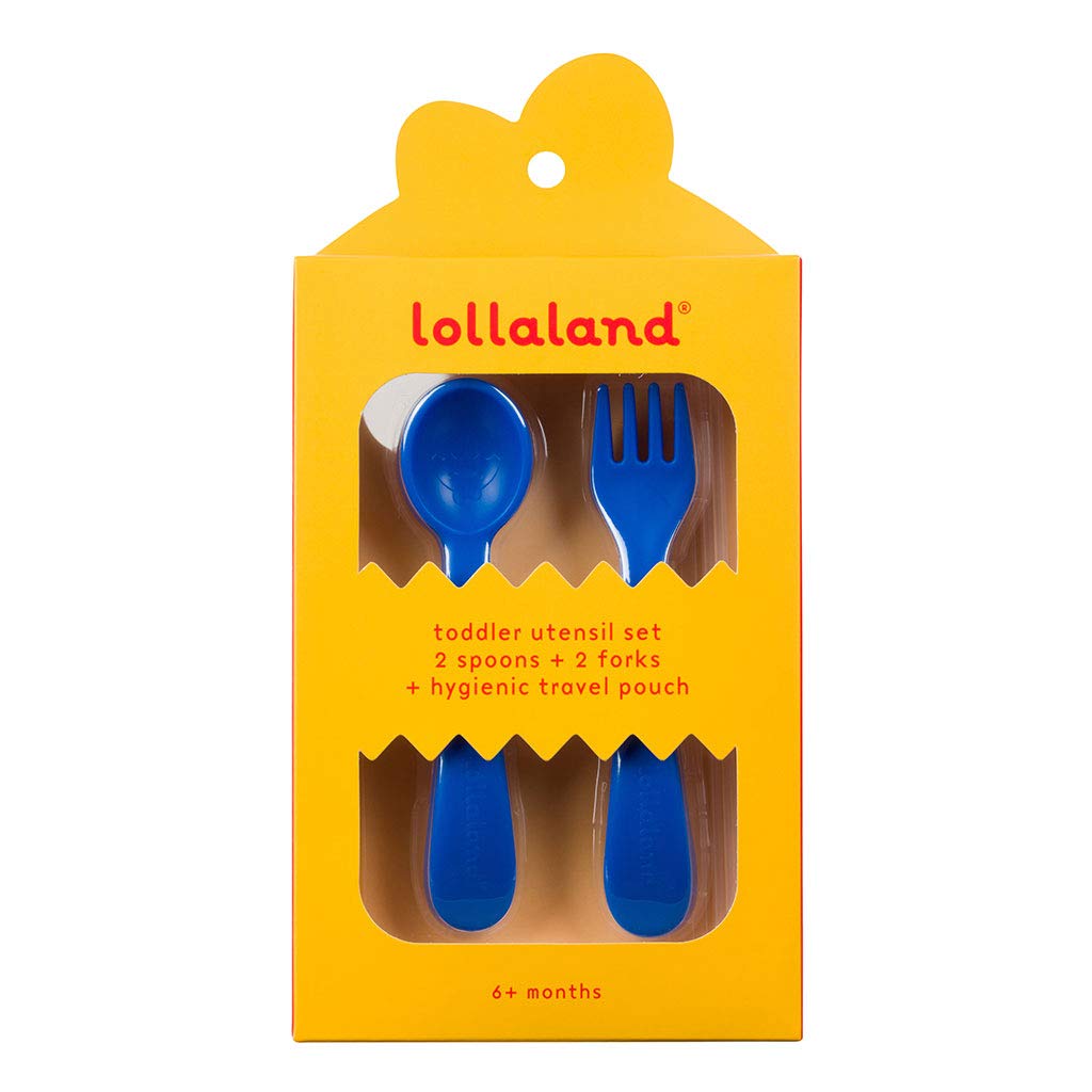 Lollaland 5 Piece Plastic Toddler Silverware Spoon and Fork Utensil Set - Reusable Toddler Cutlery with Hygienic Travel Pouch (B