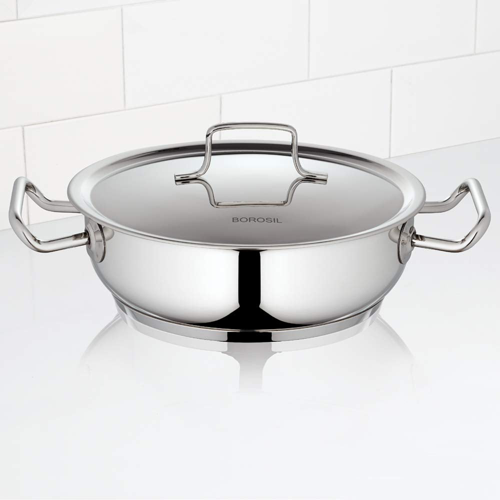 Borosil - Cffk24Ss12 Stainless Steel Flat Kadhai With Lid, Impact Bonded Tri-Ply Bottom, 2.8 L, Silver