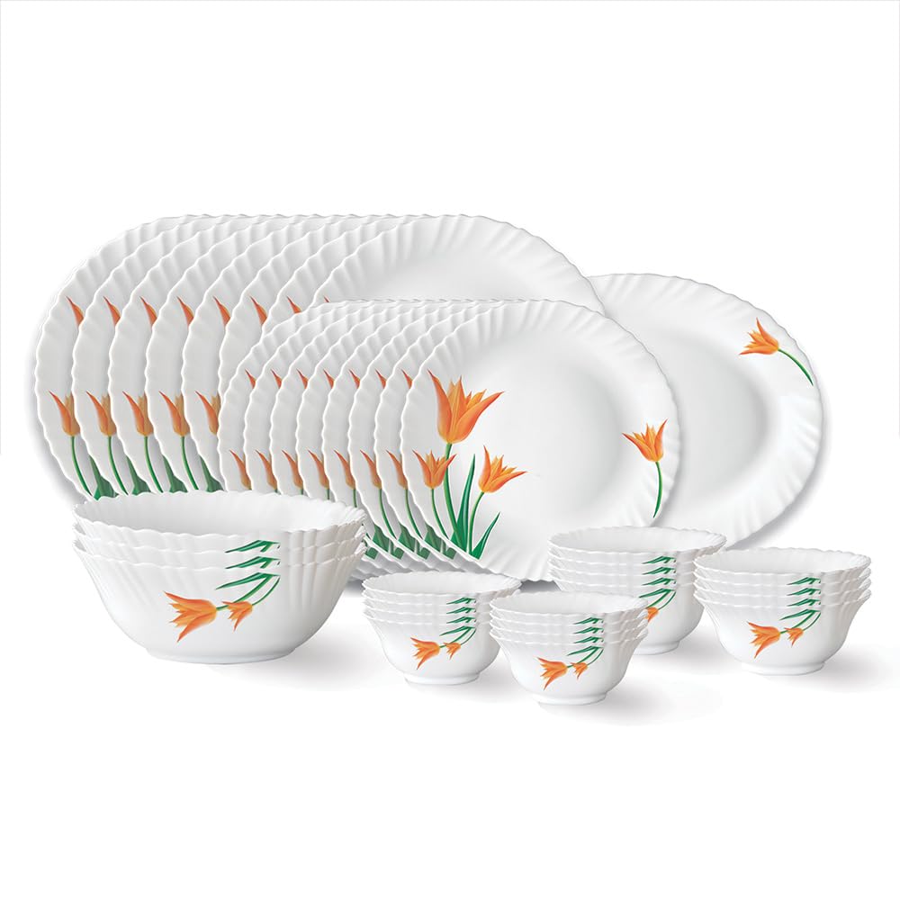 Larah By Borosil Firefly Fluted Series Opalware Dinner Set | 36 Pieces For Family Of 8 | Microwave & Dishwasher Safe | BoneAsh 