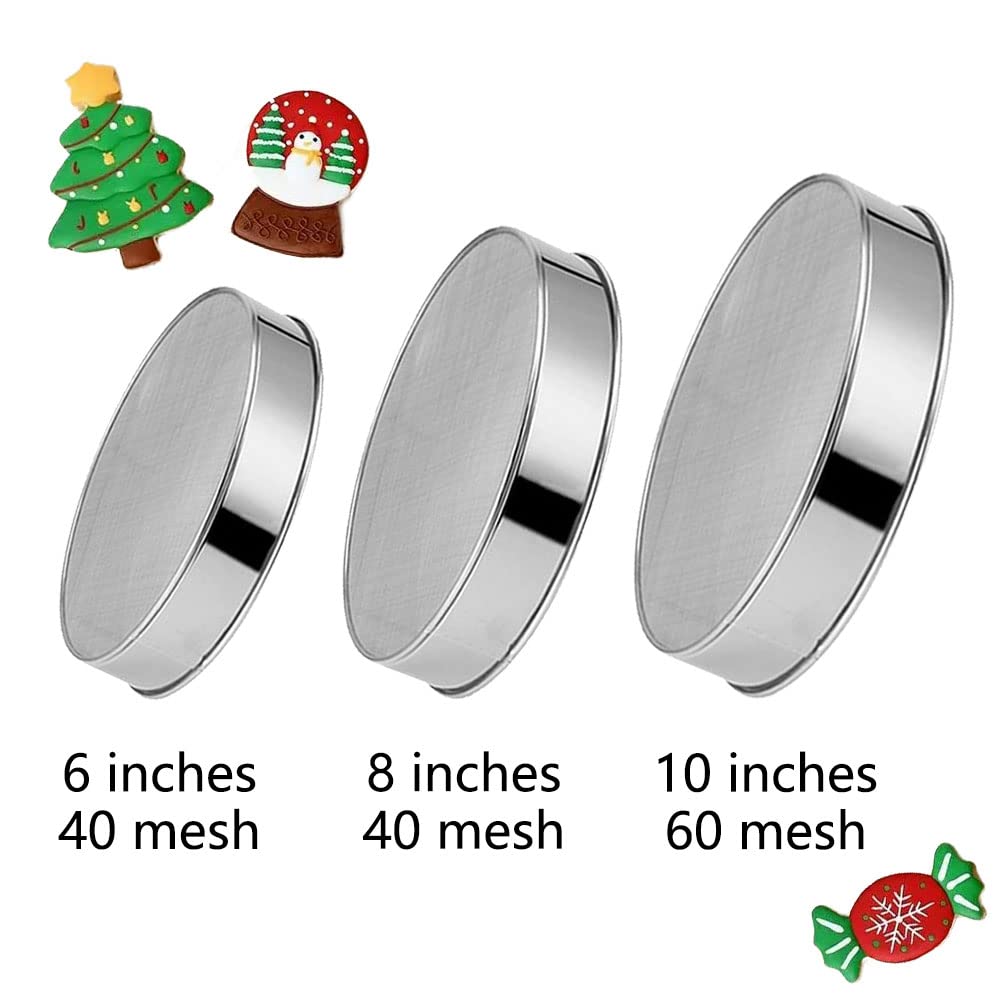 Qudume 3 Pack Round Flour Sifter, Stainless Steel Fine Mesh Strainers Flour Sieve, 6 Inch And 8 Inch 40 Mesh 10 Inch 60 Mesh For
