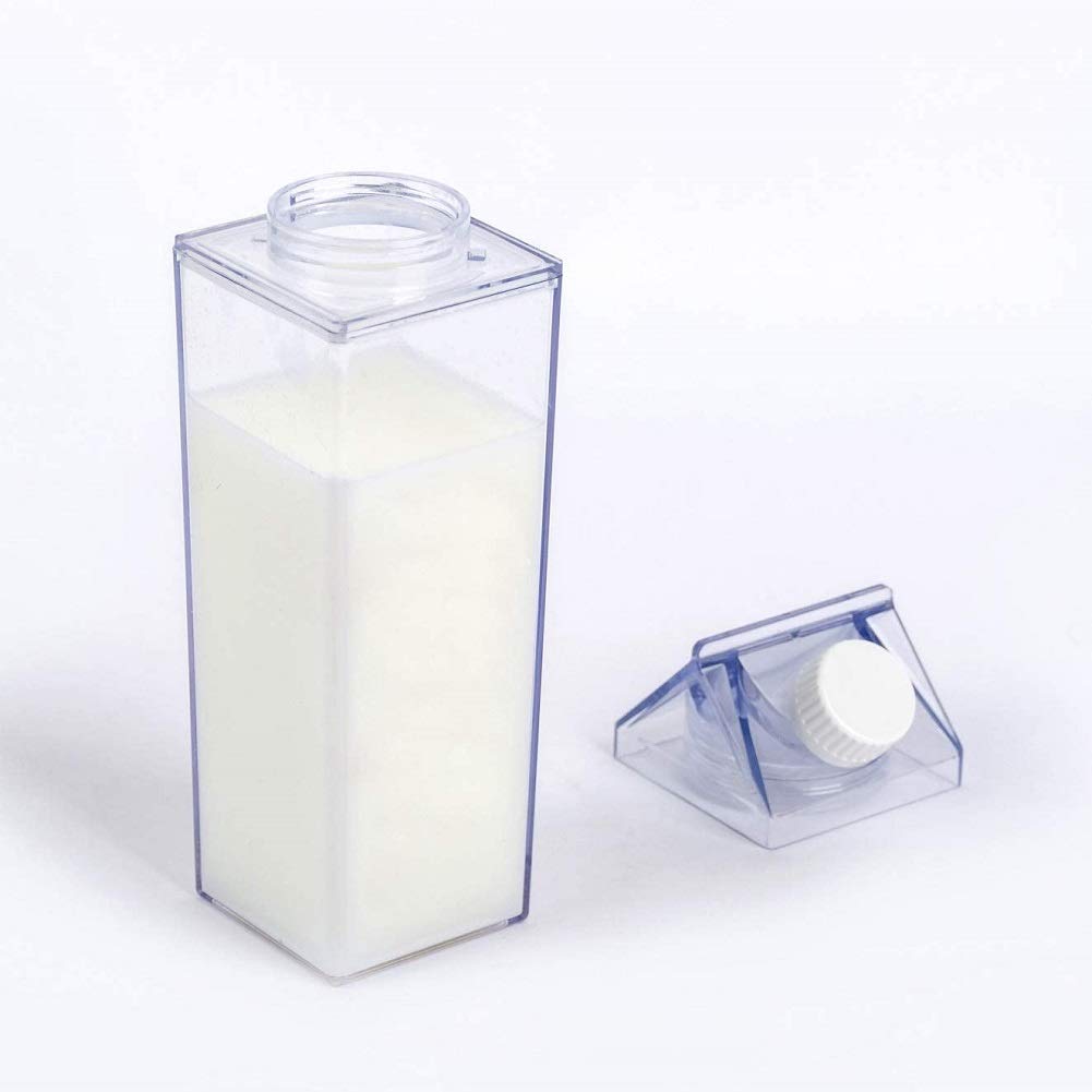 Milk Carton Water Bottle 17Oz (500Ml) Plastic Clear Square Milk Bottles No Bpa Leakproof Water Bottle Portable Reusable Milk Car