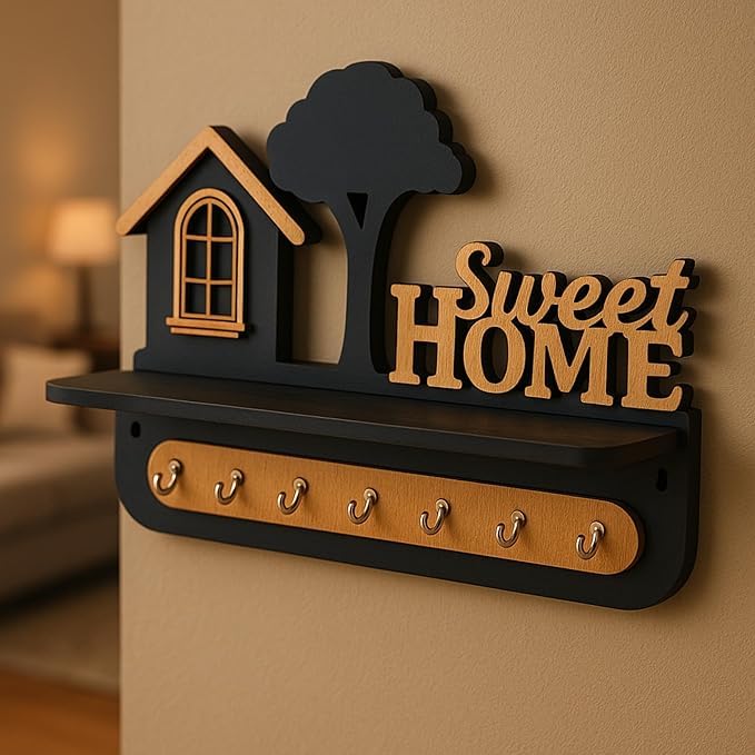 Sanvatsar 3D Wooden Key Holder with Sweet Home Design, Wall Mounted with 6 Stainless Steel Hooks, Black and Brown Decor for Livi