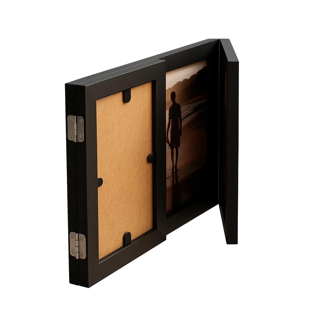 3 Picture Frame, 4x6 & 6x8 Triple Folding Hinged Photo Frames, Rustic Wood Desk Family Photo Collage Stand Vertical on Tabletop