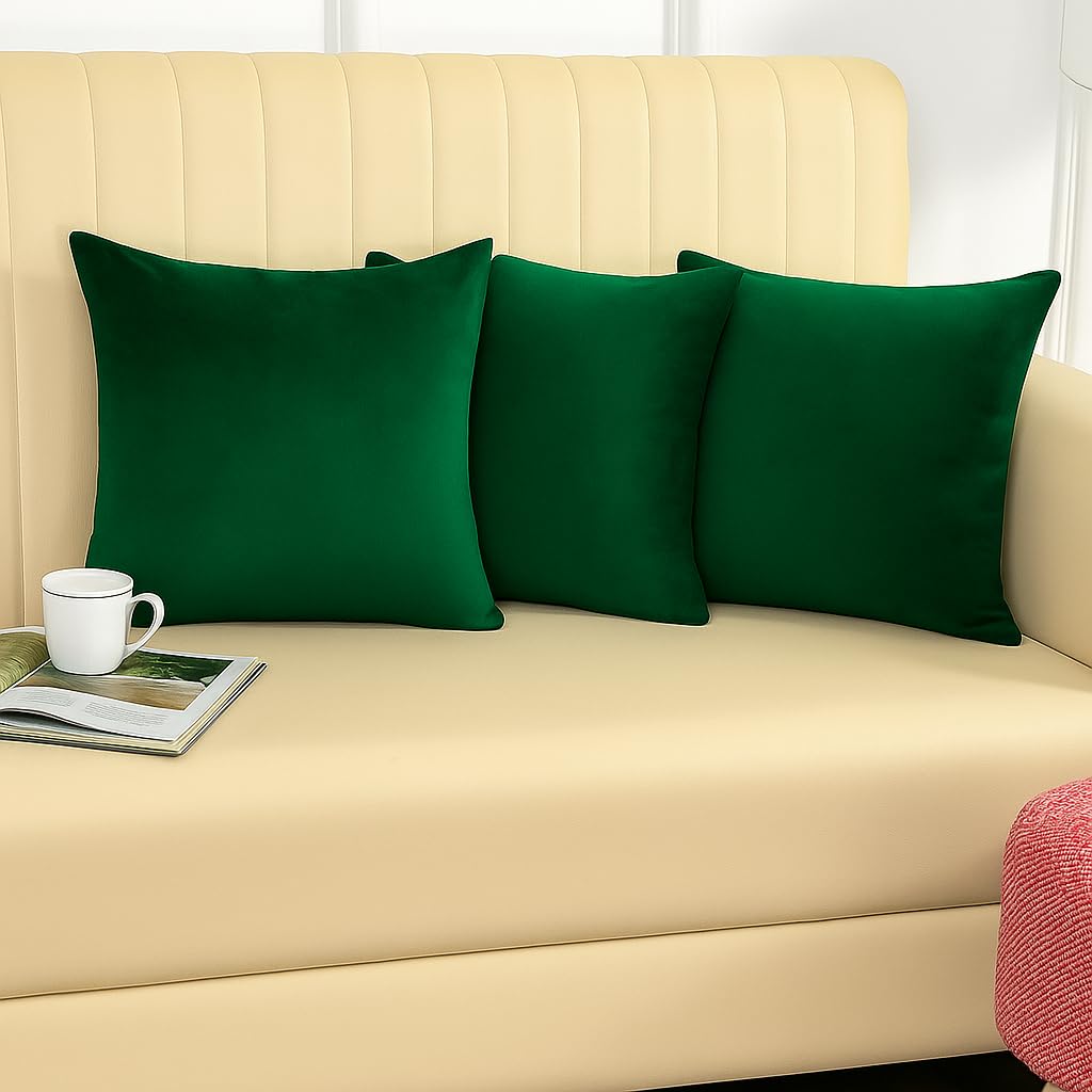 Stuffique Velvet Pillow Solid Plain 190 Tc Cushion Covers Pack Of 3 (16 X 16 Inch) Green