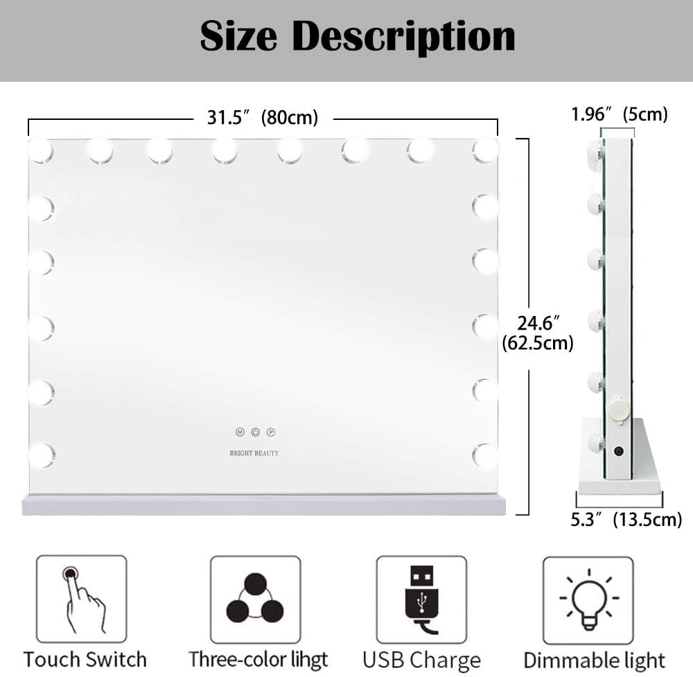 Despful Vanity Mirror Makeup Mirror With Lights,31.5''X 23.6'' Large Hollywood Lighted Vanity Mirror With 18 Dimmable Led Bulbs,