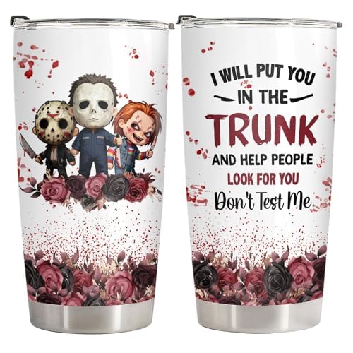 34HD Horror Besties Tumbler 20 Oz, Funny Slasher Movie Inspired Coffee Mug, Spooky Halloween Travel Cup for Horror Fans