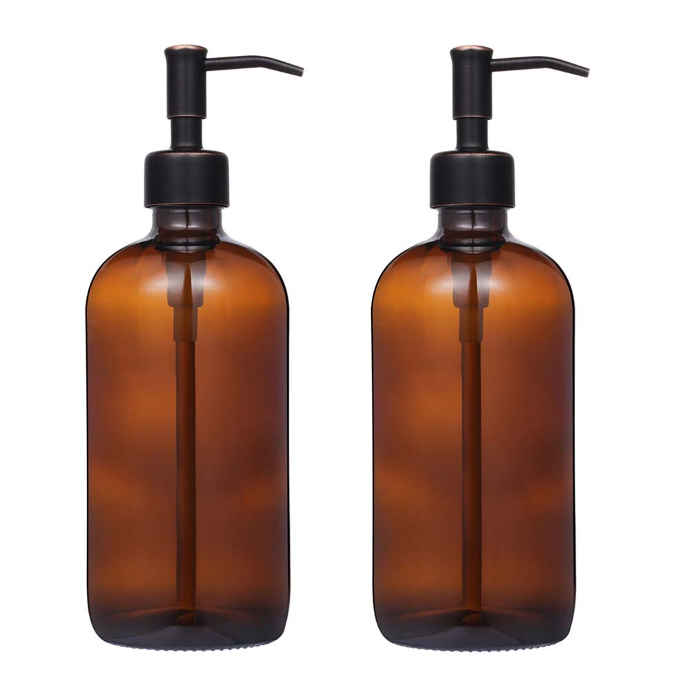2 Pack Thick Amber Glass Pint Jar Soap Dispenser With Oil Rubbed Bronze Stainless Steel Pump, 16Ounce Boston Round Bottles Dispe