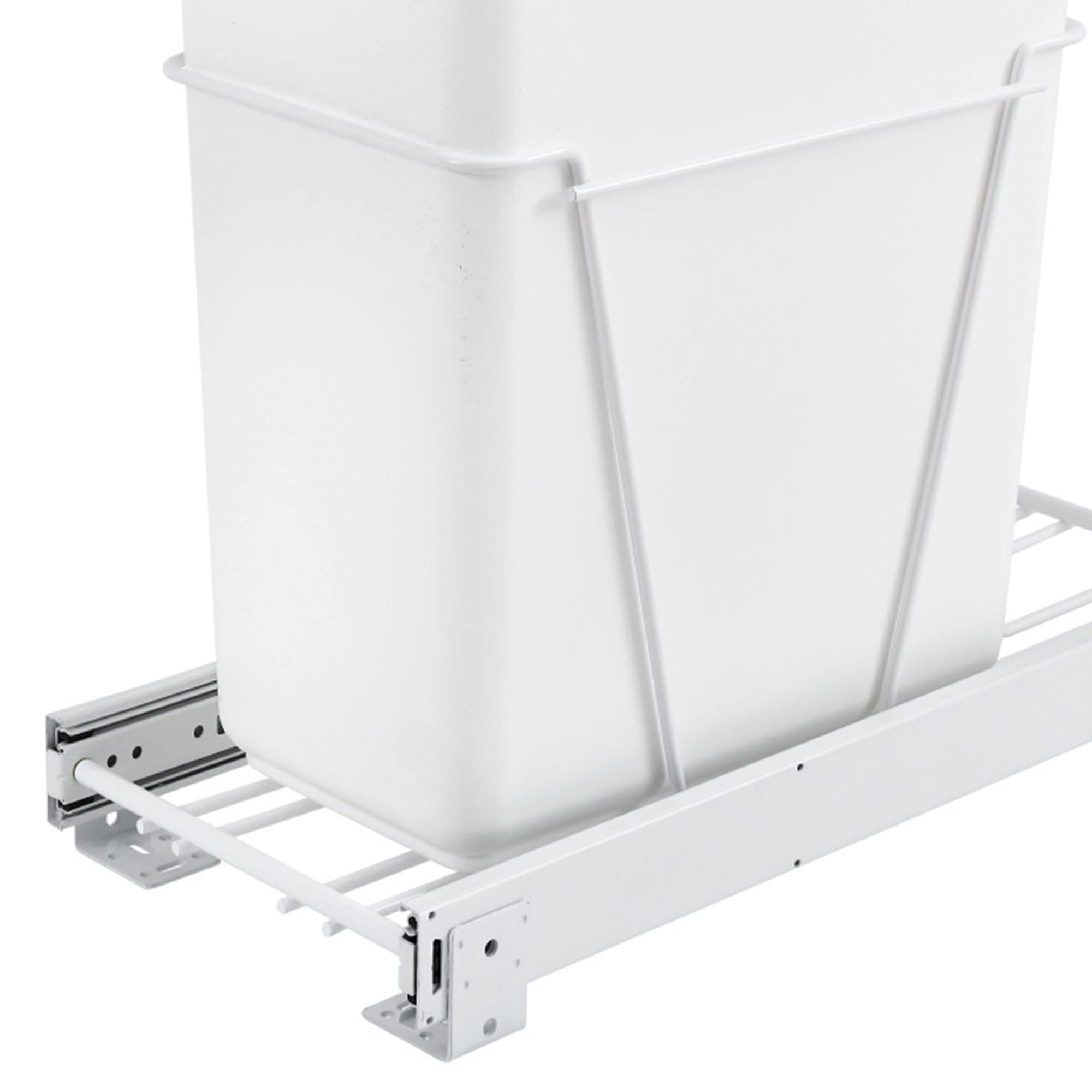 Rev-A-Shelf Single Pull-Out Cabinet Trash Can For Bottom Mount Kitchen 30 Qt Wire Construction With Full-Extension Slides, White