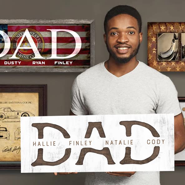 Dad & Children - Personalized Father'S Day Sign (13.5''X32.5'' Framed Canvas - Whitewash Wood)