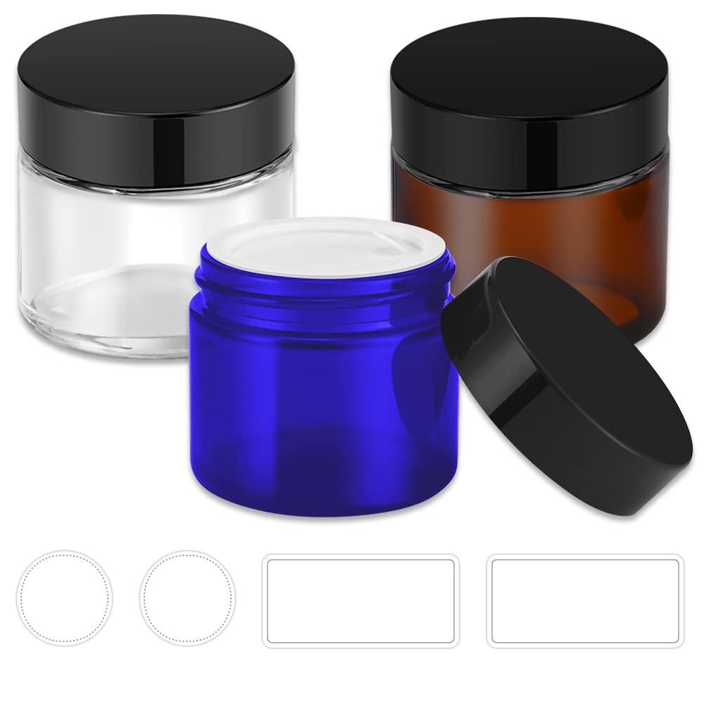 Bumobum 2 Oz Glass Jars With Lids, 3 Pack Small Jars With White Labels & Inner Liners, Multicolor 60 Ml Empty Round Cosmetic Con