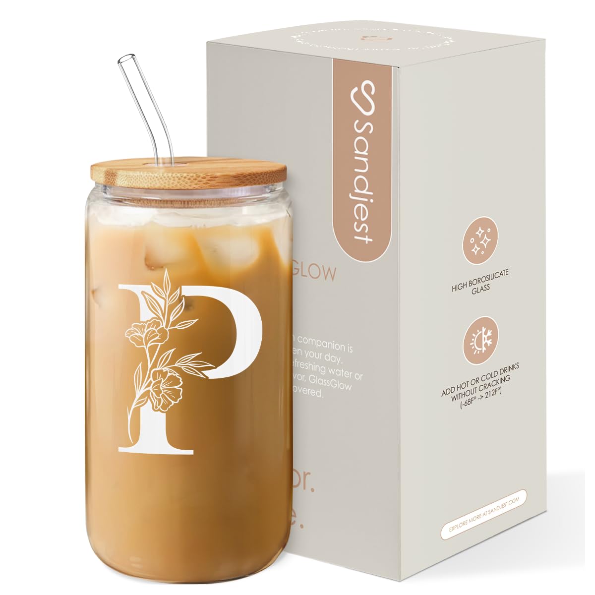 SANDJEST Monogrammed Gifts for Women - Monogram P Initial Glass Cup 16 Oz Can Coffee Cups with Lid and Straw - Monogram Initials