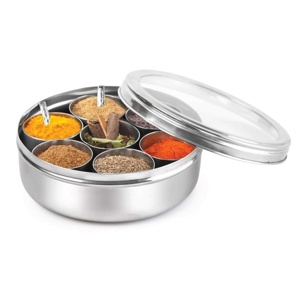 MummaS Life Stainless Steel Masala Dabba/Spice Box With See Through Lid, 7 Containers And 1 Small Spoons (13 Inch)