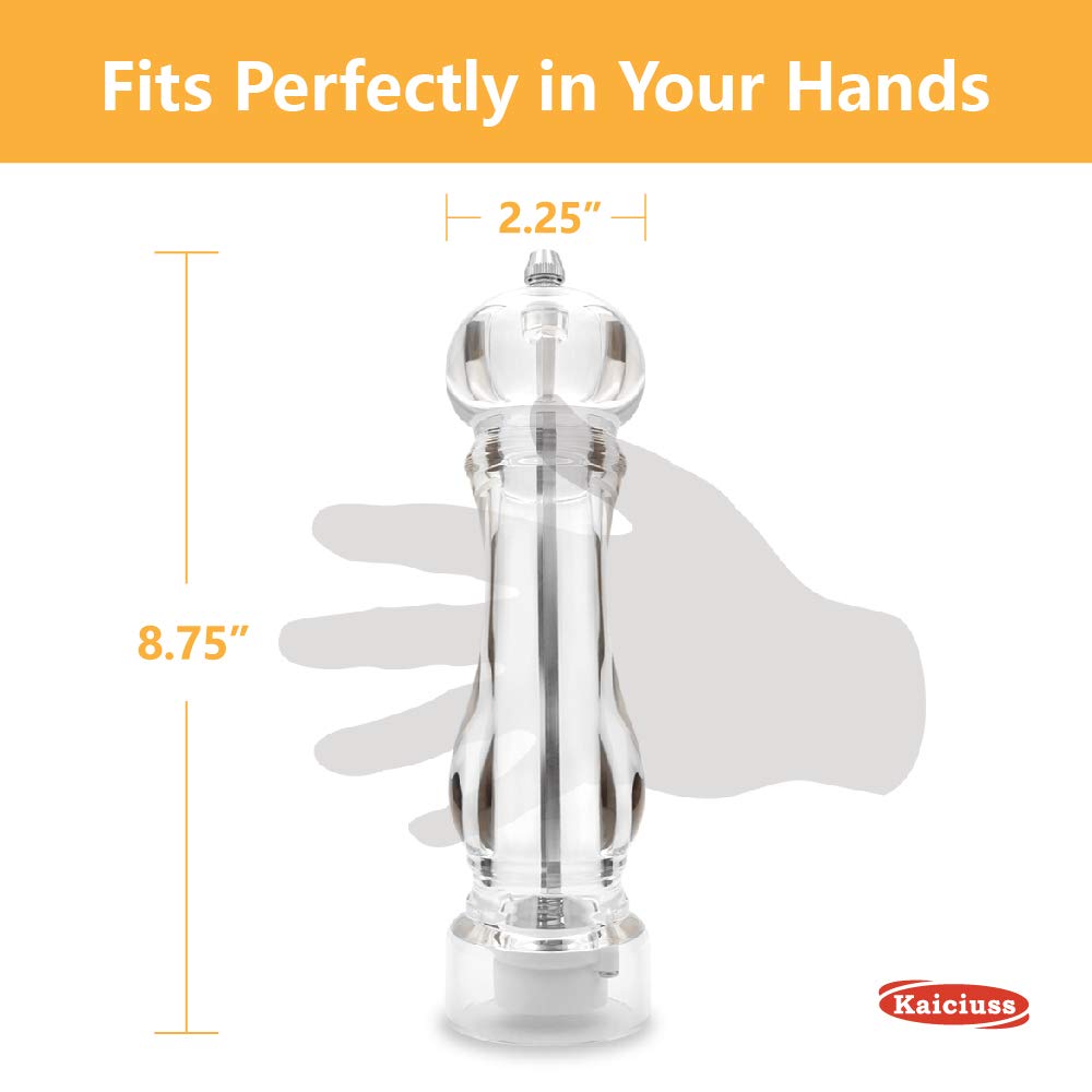 Kaiciuss Salt Pepper Grinder Mill Arcylic the Best Peppercorn Grinder with Adjustable Mill-Clear