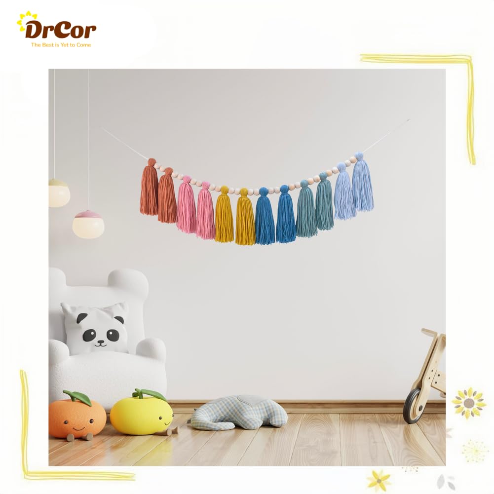 DrCor Boho Earthy Rainbow Tassel Garland - Neutral Yarn Wall Hanging for Calm Classroom, Montessori Nursery, Kids Bedroom, Baby