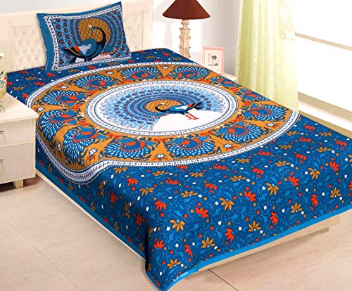 Rajasthanikart Pure Cotton 144 Tc Single Size Bed Sheet With 1 Pillow Cover  Bedsheet For Single Bed (Green More, Single Bedshe
