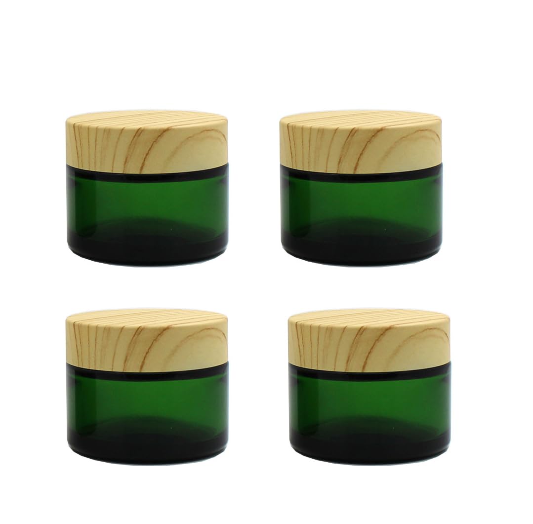 4Pack 50G Green Glass Cosmetic Cream Jars,Empty Sample Jars Containers Pot With Wood Grain Lids For Lotion,Cream,Lip Balm,Eye Cr