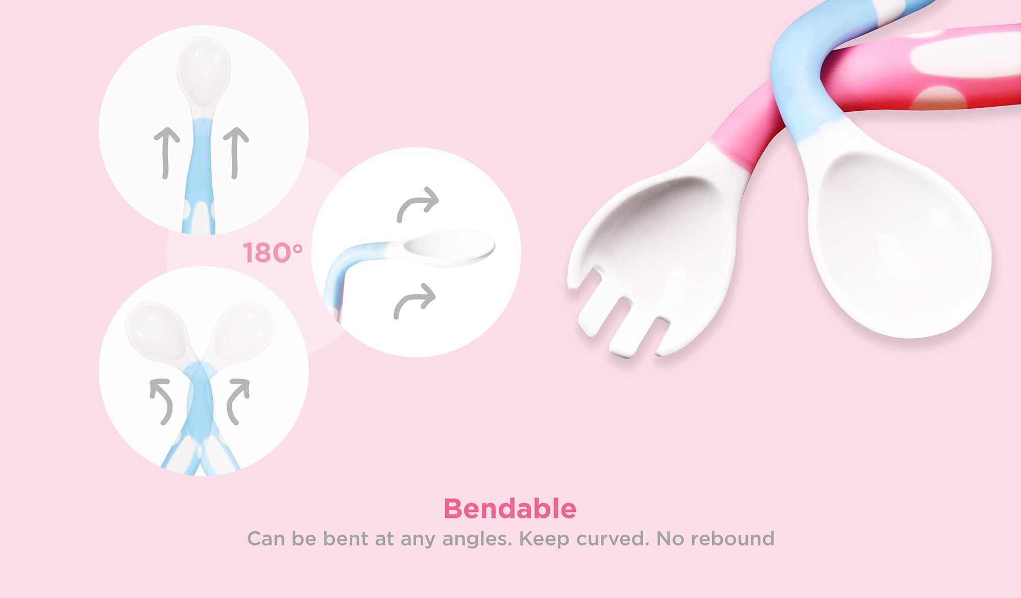 Bendable Baby and Toddler forks and spoons Utensils Silverware Set for Kids, 2 Sets Blue/Pink - Gum Friendly 2 Toddler Spoons an