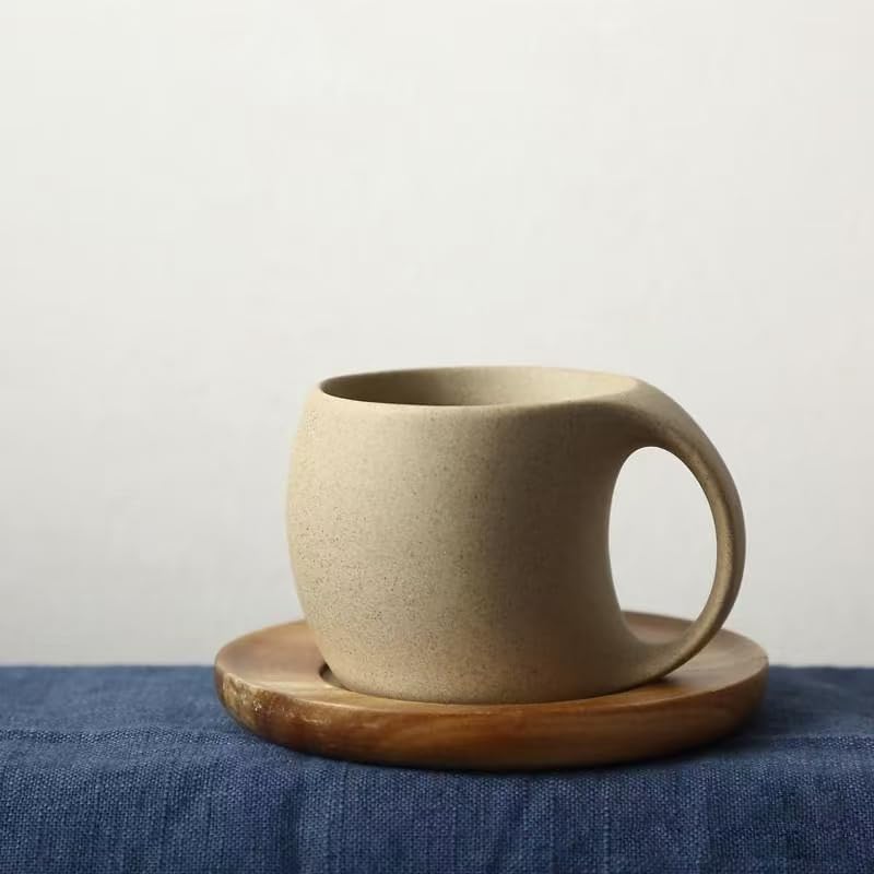 JINNTHE 6 oz Clay Cup and Wood Saucer Set of 1, Ceramic Coffee Latte Art Mug With Saucer, Cafe Cups for Cappuccino, Espresso, Co
