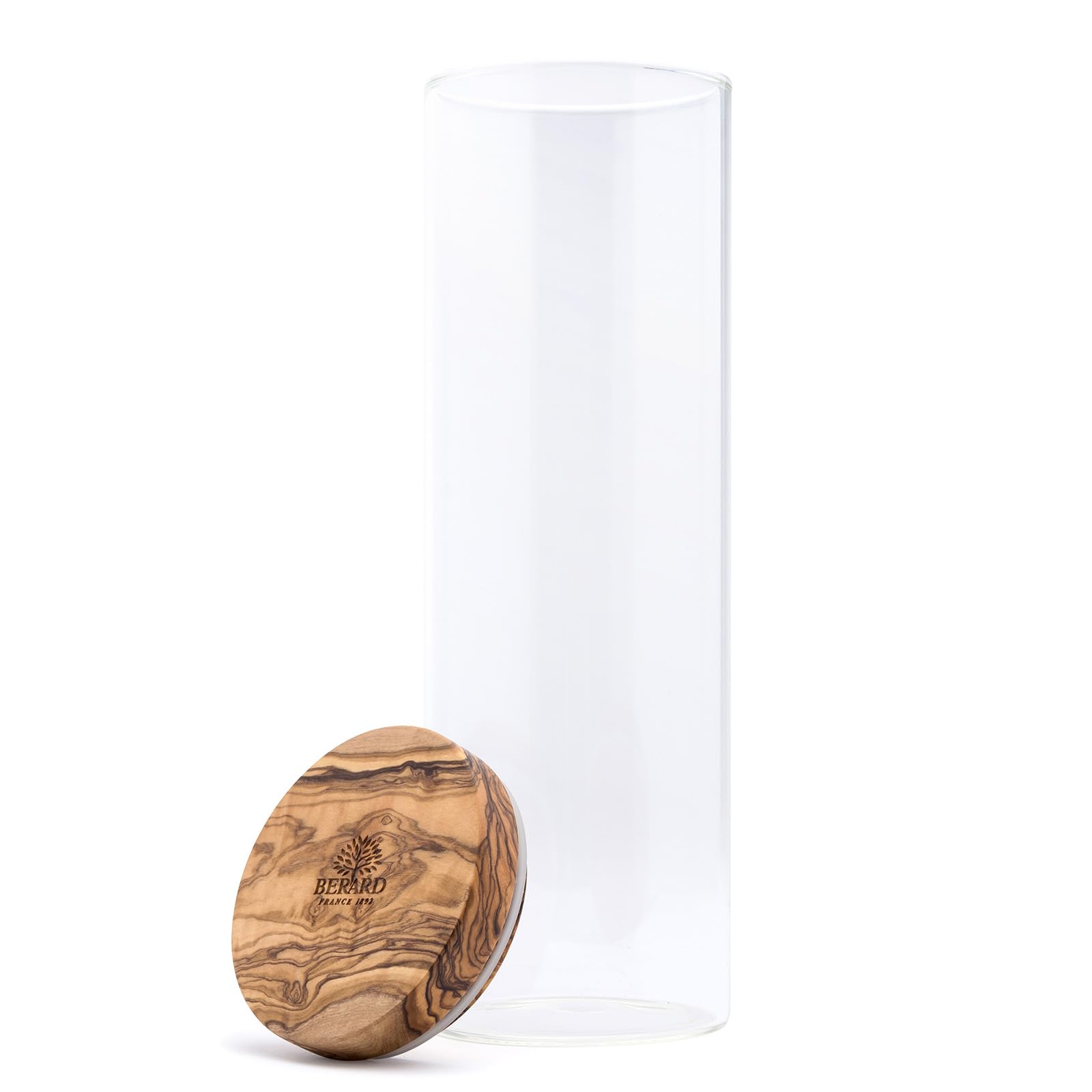 Berard Glass Storage Jar With Olive Wood Lid, 50-Ounce,Brown