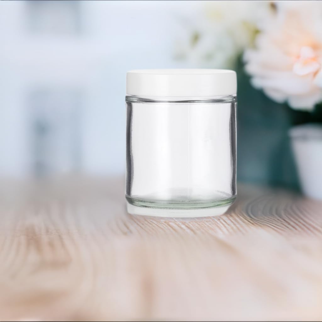 4 Oz / 120 Ml Clear Thick Glass Straight Sided With White Smooth Lid (12 Pack) + Small Glass Balm Jar