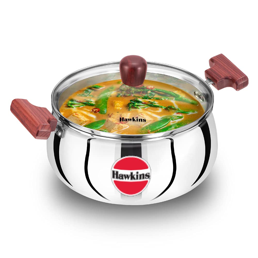 Hawkins 4 Litre Cook n Serve Handi with Glass Lid, Induction Compatible Tri-Ply Stainless Steel Cookware, Cooking Pot, Saucepan,