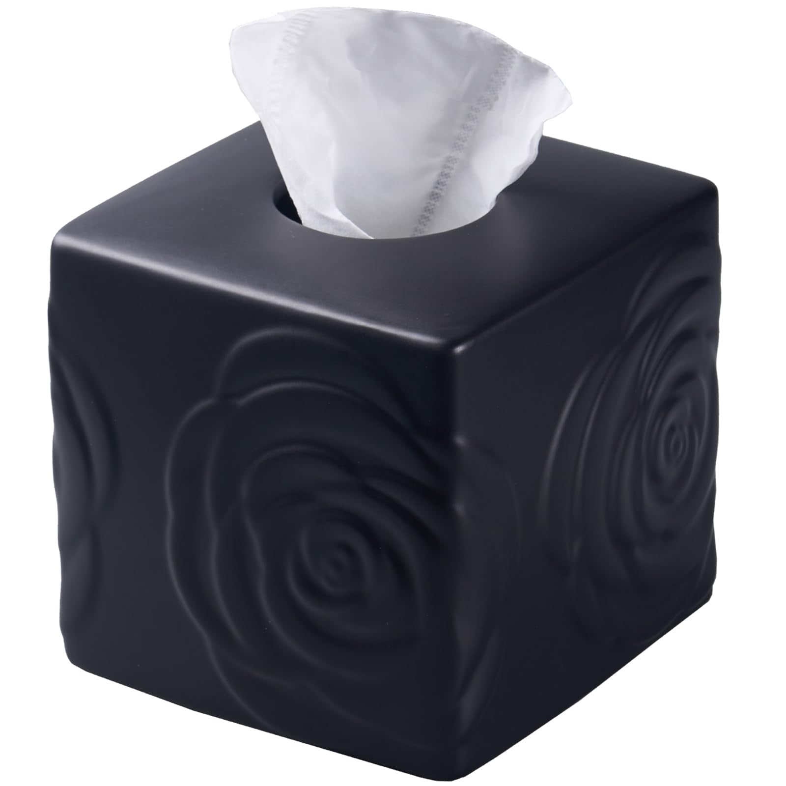 Black Ceramic Rose Tissue Box Cover, Carved Flowers Large Square Tissue Box Holder Decorative for Bathroom, Vanity, Kitchen Coun
