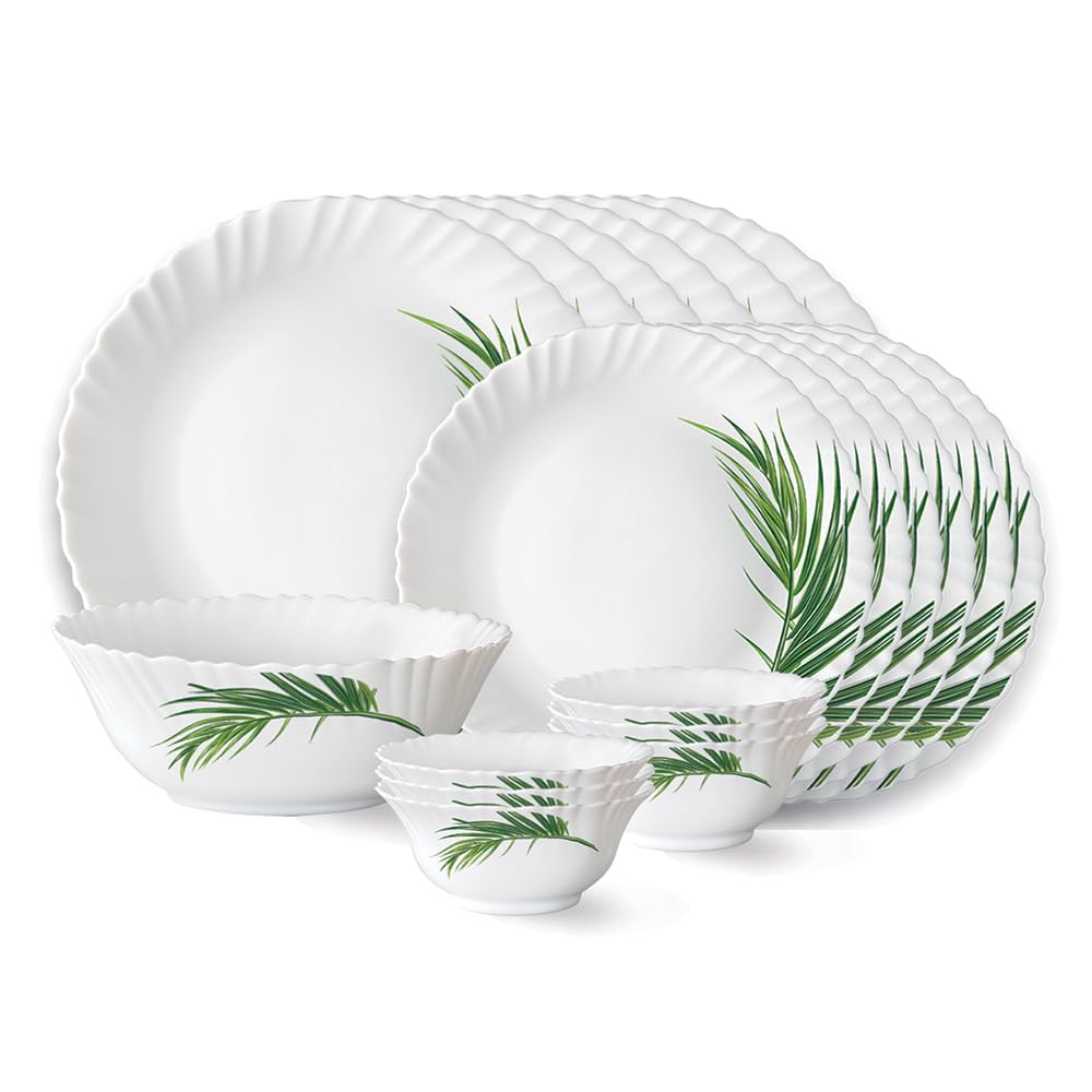 Larah By Borosil Crescent Fluted Series Opalware Dinner Set | 19 Pieces For Family Of 6 | Microwave & Dishwasher Safe | BoneAsh