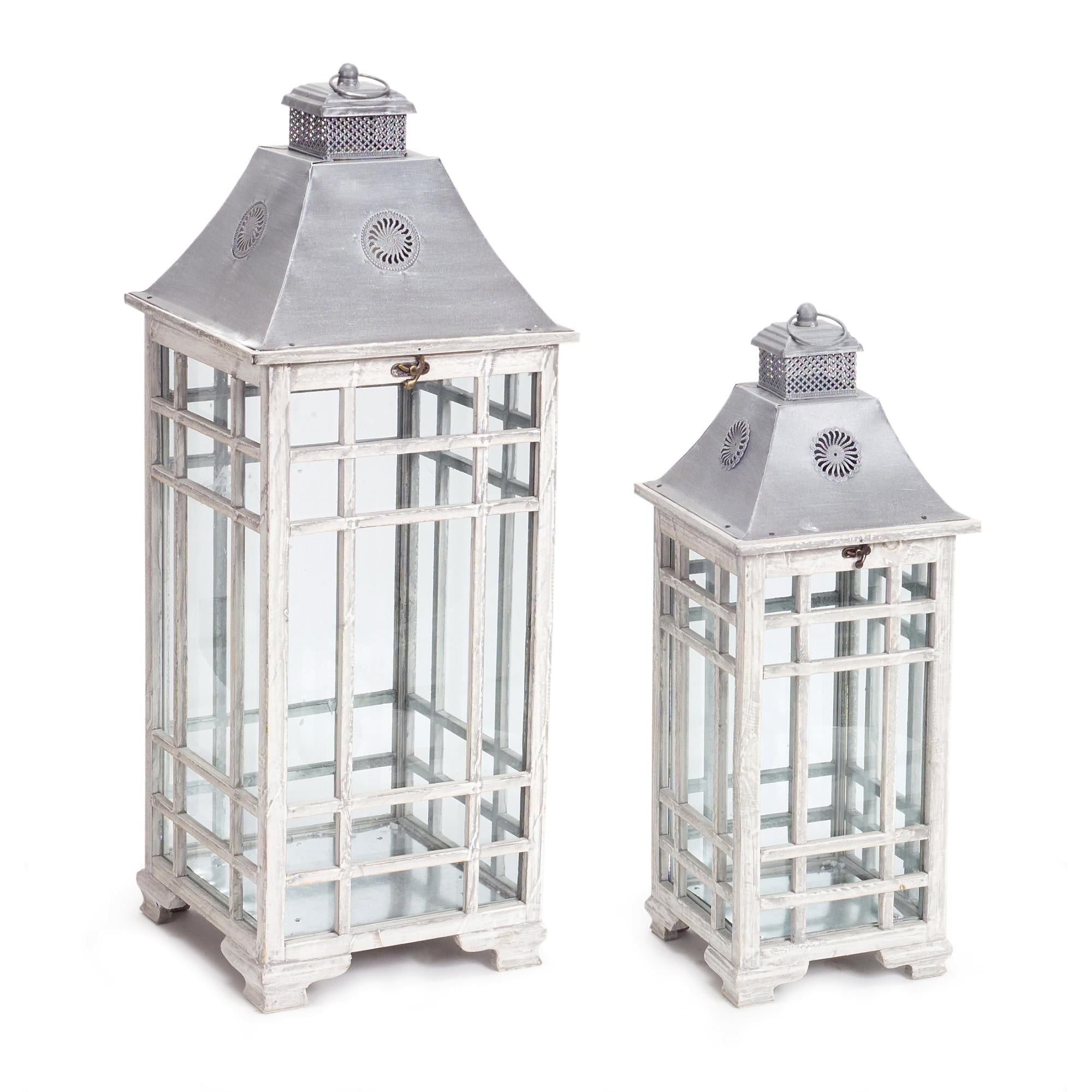 Set Of Two gray Flameless Floor Lantern candle Holders