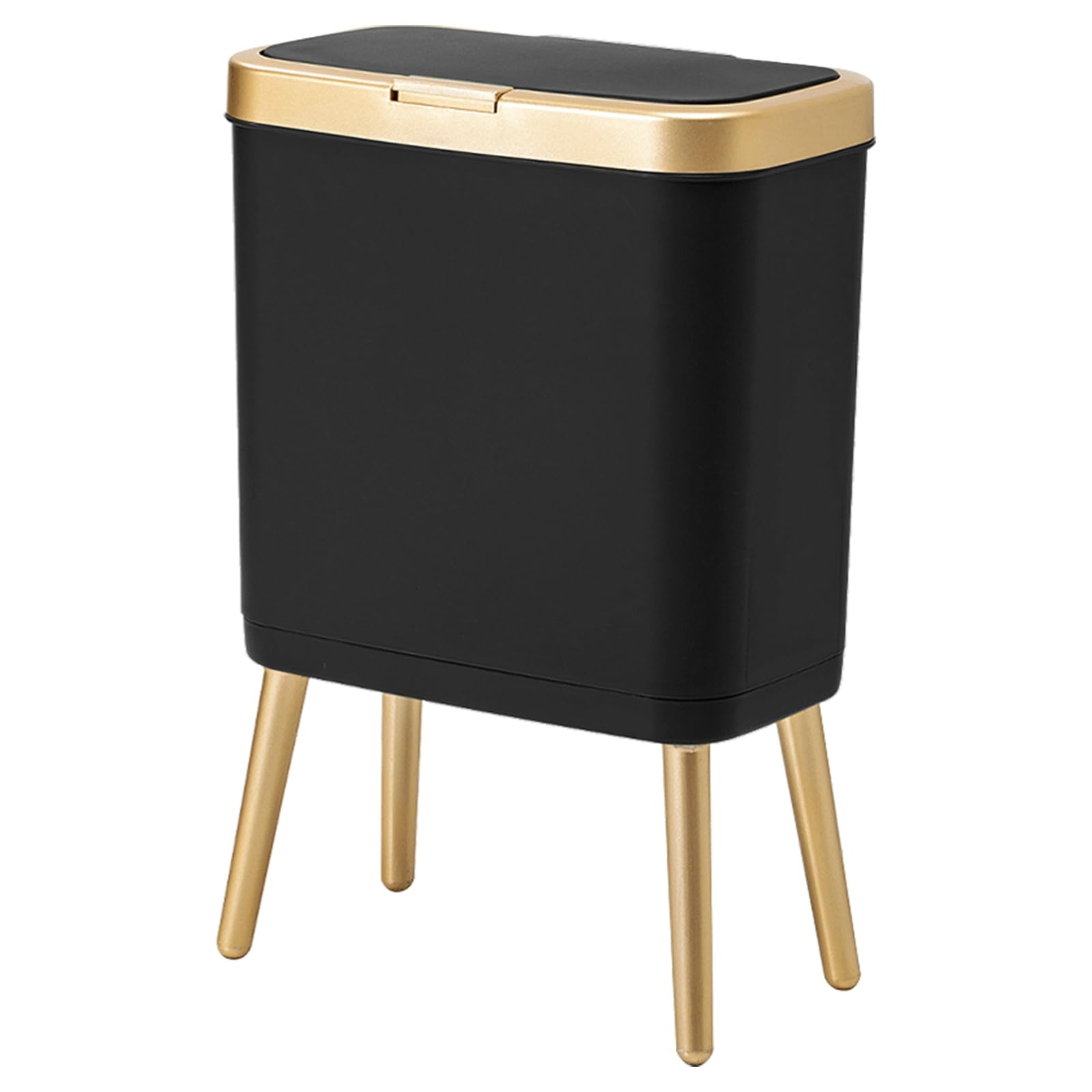 Procade Office Trash Can With Lid, Black Bathroom Trash Can With Gold Edge, Modern Narrow Garbage Can With Legs, Slim Plastic Tr