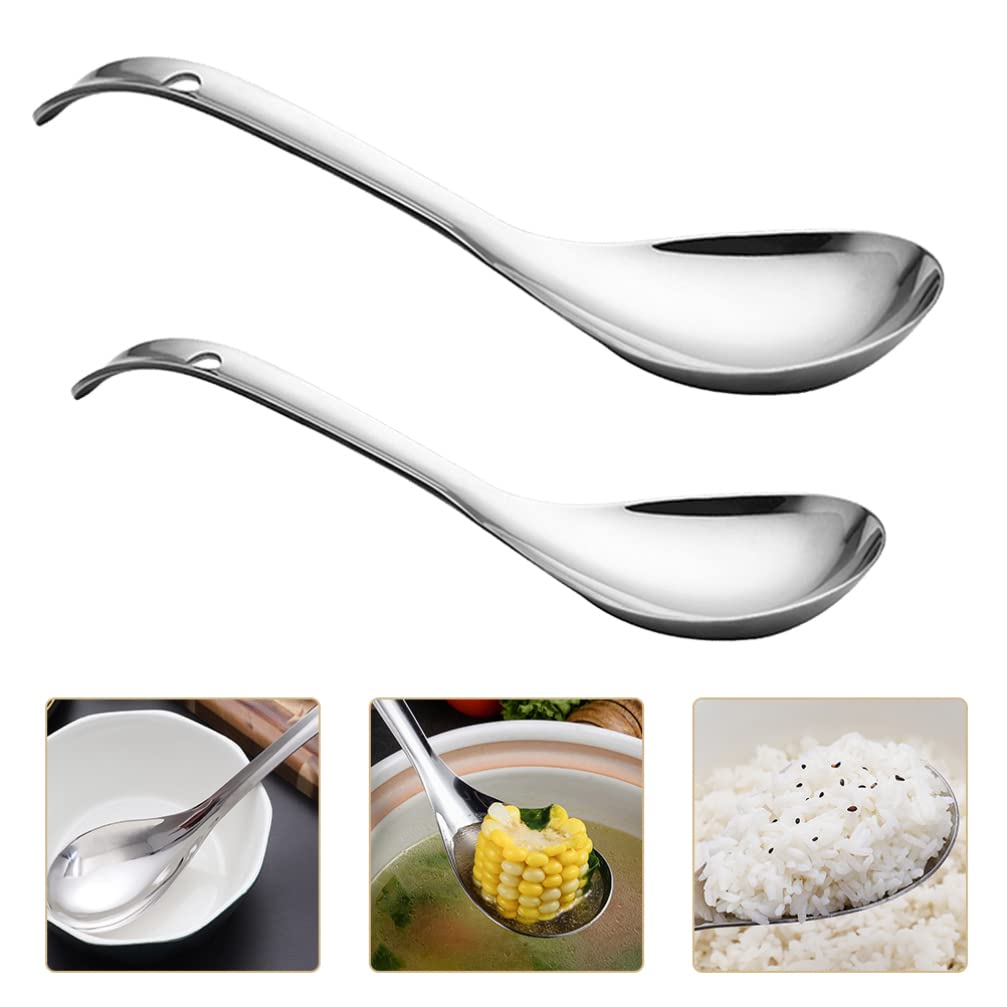 Cabilock Stainless Steel Soup Spoon Ladle: 2Pcs Metal Silver Rice Spoons Long Handle Dinner Spoons For Ramen Pho Wonton Dumpling