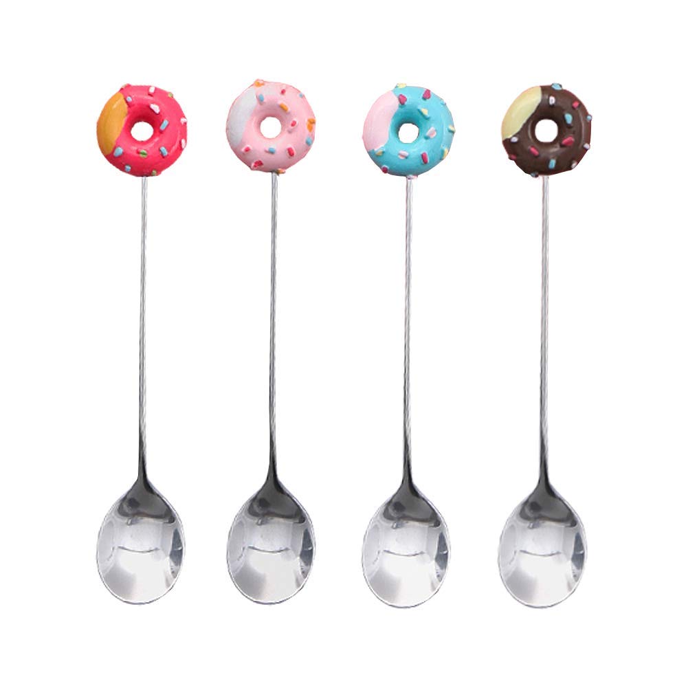 Gracelife 4Pcs Stainless Steel Stirring Spoons Cute Doughnut Coffee Spoon Mini Donut Dessert Spoon Ice Cream Tea Sugar Spoon