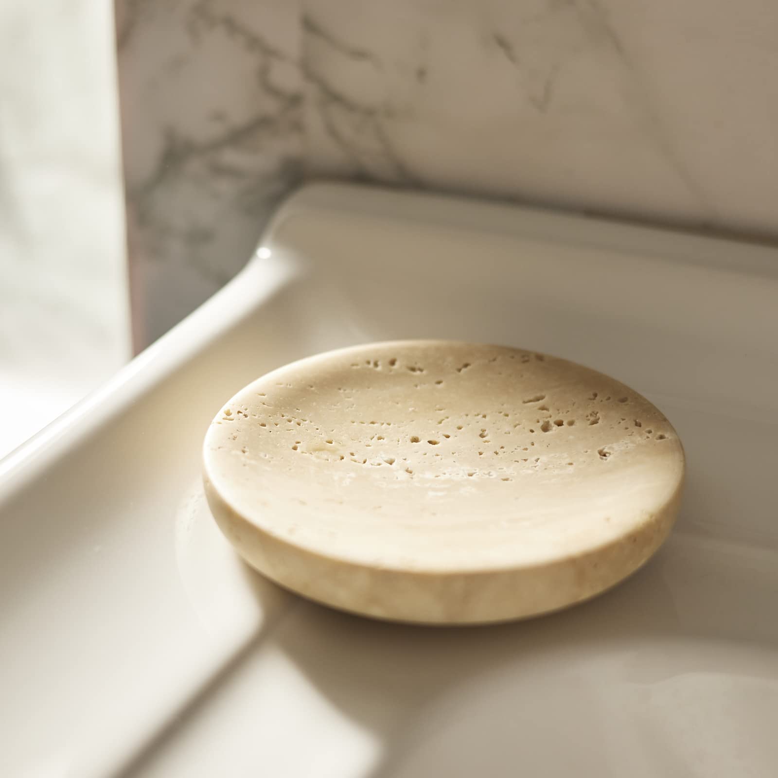 Phinilux Round Travertine Tray For Jewelry, Marble Trinket Dish Tray, Nightstand Decor, Coaster, Soap Dish,Sponge Holder For Bat