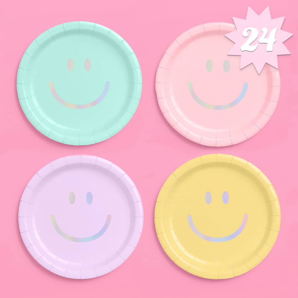 Xo, Fetti Smiley Paper Plates - 24 Pk, 9'' | Happy Pastel Birthday Party Decorations, Cute Bachelorette Party, Cool Cake Plates
