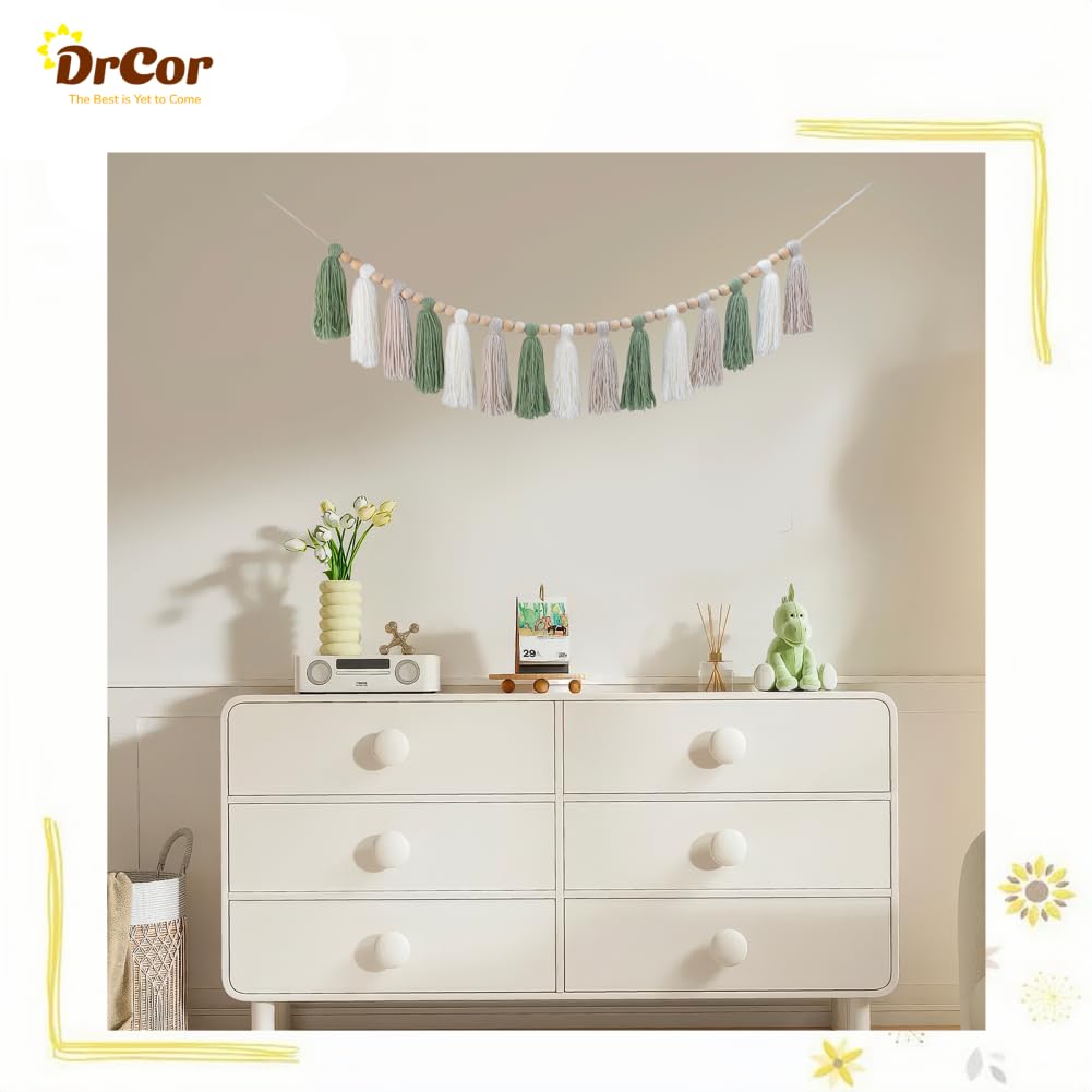 DrCor Sage Green & White Boho Tassel Garland - Handmade Yarn Banner for Nursery, Girls Bedroom, Baby Shower, Wedding Backdrop, C