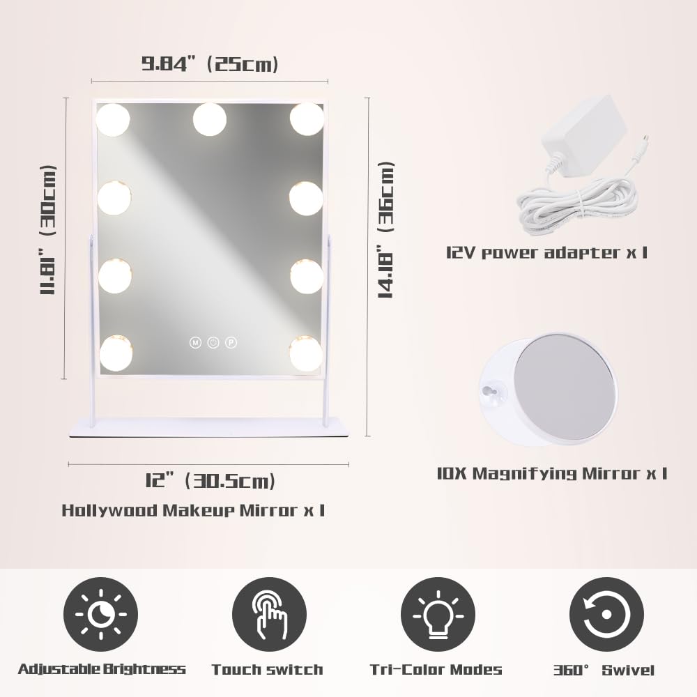 Cooljeen Vanity Mirror With Lights, 9 Led Bulbs Lighted Makeup Mirror With Detachable 10X Magnification Mirror, Hollywood Mirror