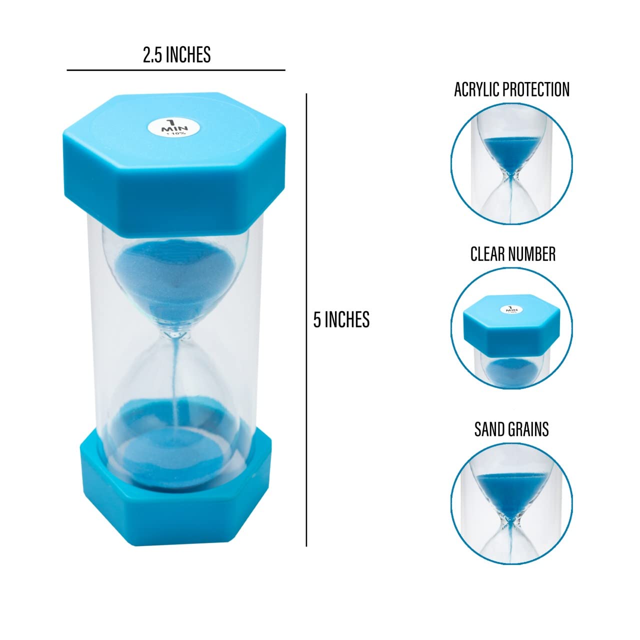 Teacherfav Sand Timer For Kids - 1 Minute Blue - 5 Inches Hour Glass Acrylic Covered Clock For Classroom, Home & Kids Room - Med