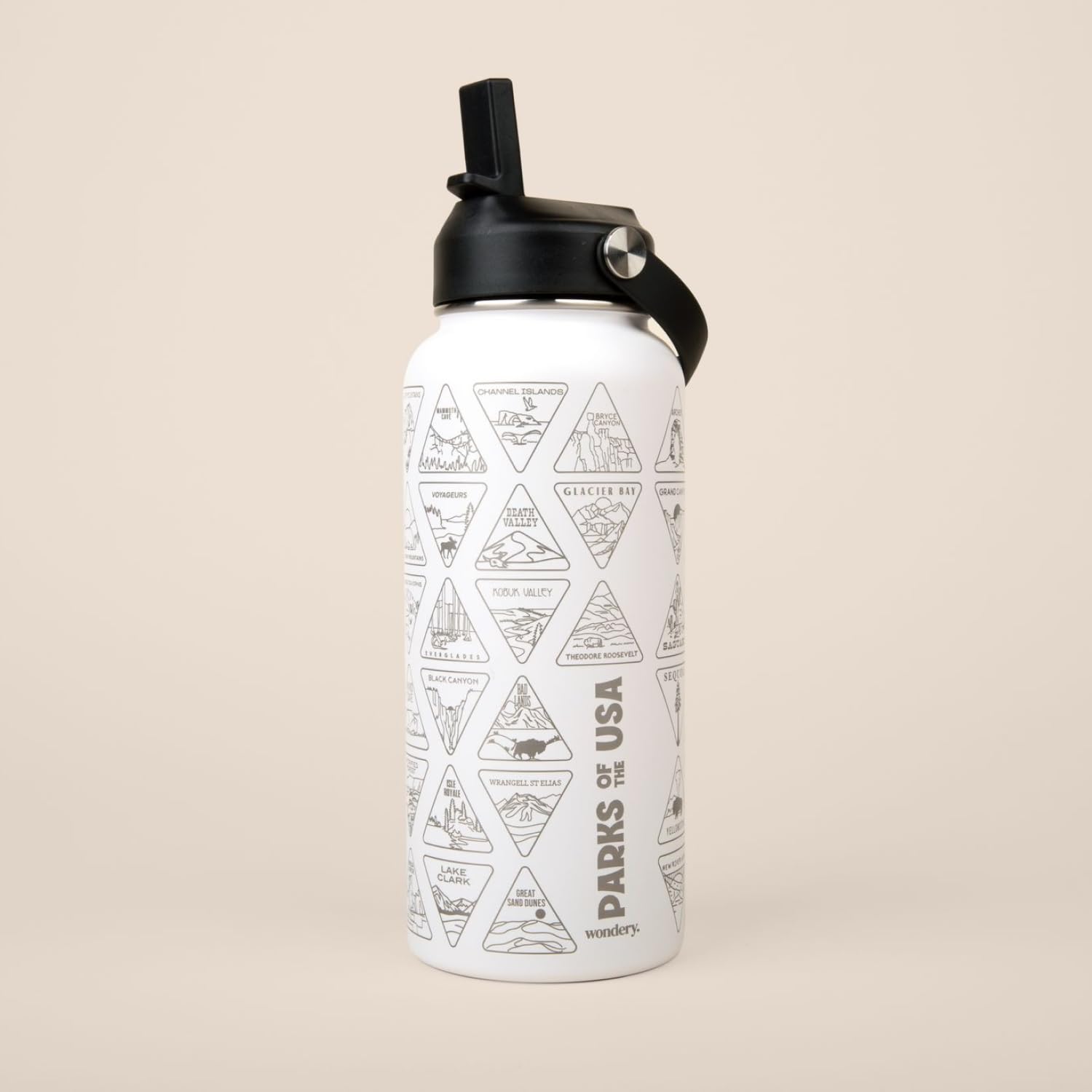 Wondery Original National Parks Of The Usa Bucket List Travel Water Bottle With Waterproof Stickers And Straw | White 32 Oz Engr