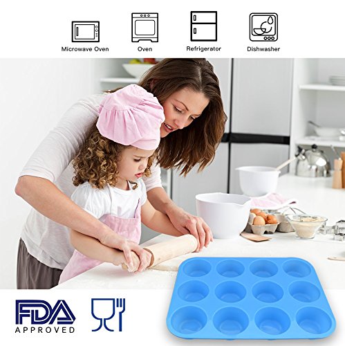 Homedge 12-Cup Silicone Muffin Pan, Pack Of 2 Non-Stick Muffin Molds, Baking Pan For Cupcake, Tarts, Egg Bites-Blue